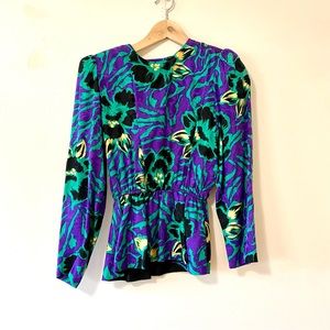Vintage 80s blouse silk long sleeve shirt peplum green purple 8 petite